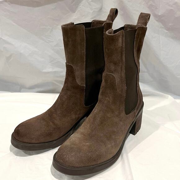 Emanuele Crasto Chelsea Boots Size 39 NWOT Italy Brown Suede Leather Stack Heel - Picture 10 of 11